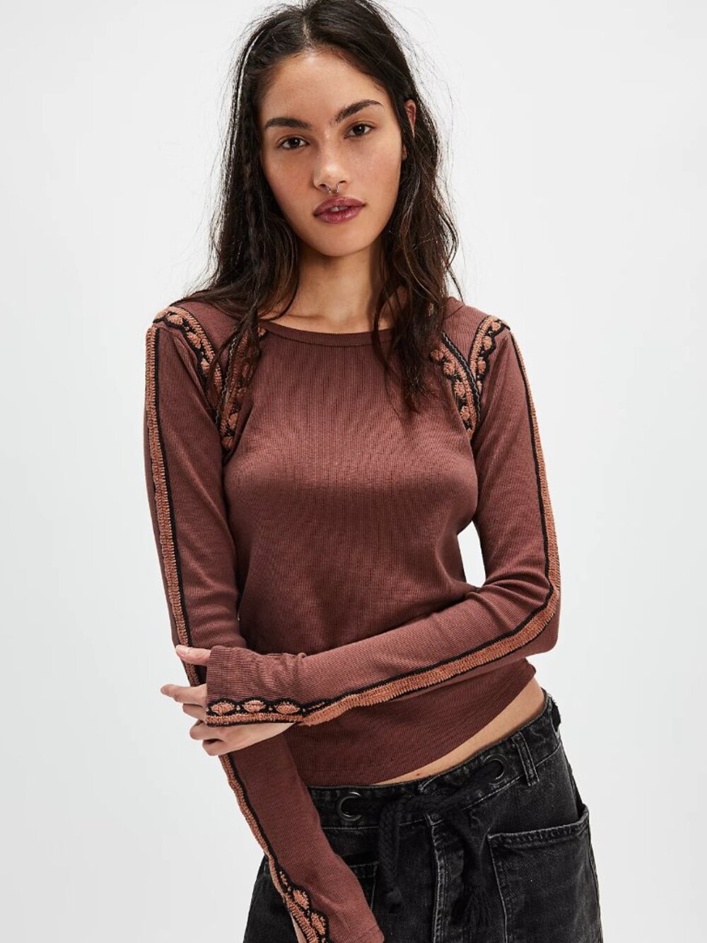 Free People Lost Love Boat Neck Long Sleeve Brown Top Embroidered Ribbed Size M